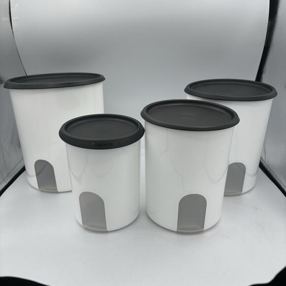 Tupperware Canisters Set of 4 One Touch White Black Lids Cups 18‎ 12.5 8.25 5.25 - Picture 1 of 16